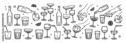 Assortment of drinks and pouring actions in line art