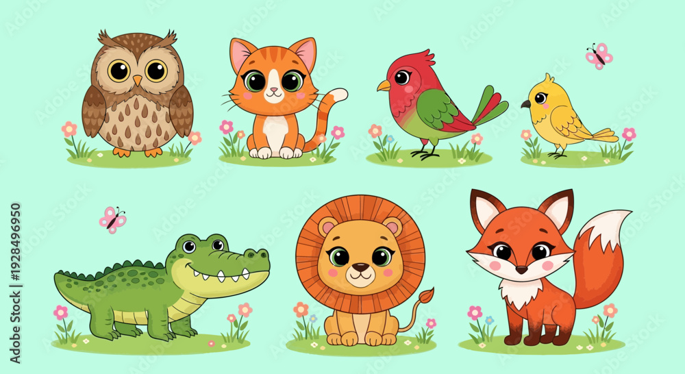 Fototapeta premium Cute cartoon animals on green grass, owl, cat, birds, crocodile, lion, fox