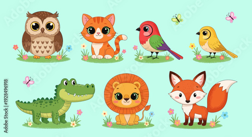 cute cartoon animals on grass, spring nature background