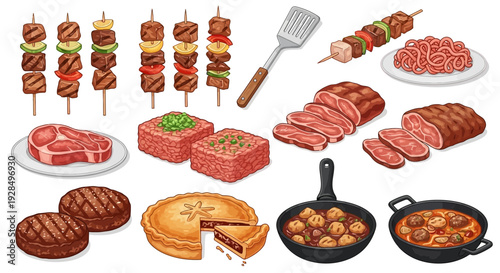 Grilled meat assortment, skewers, steak, meatballs, pie, cooking utensils
