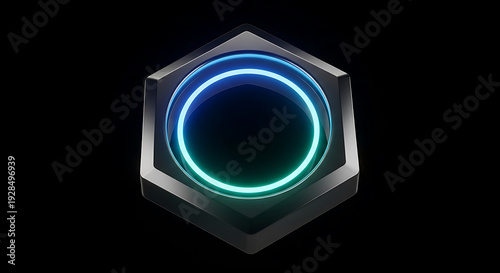 Futuristic hexagonal interface with glowing blue ring on dark background.
