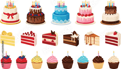 Birthday cake and cupcake collection with candles chocolate strawberry and cream desserts vector illustration set
