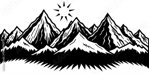 A detailed black and white illustration of a mountain range. The mountains are the main subject, dominating the upper portion of the image. They are depicted with a stylized, cross-hatch shading techn