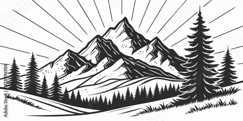 A detailed black and white illustration of a mountain range. The mountains are the main subject, dominating the upper portion of the image. They are depicted with a stylized, cross-hatch shading techn