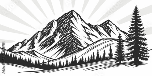 A detailed black and white illustration of a mountain range. The mountains are the main subject, dominating the upper portion of the image. They are depicted with a stylized, cross-hatch shading techn