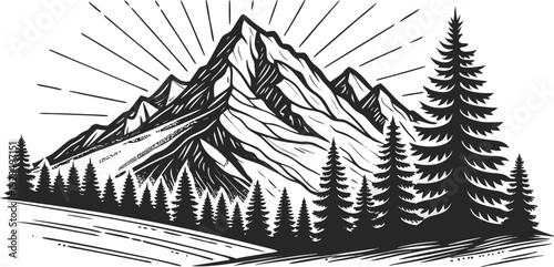 A detailed black and white illustration of a mountain range. The mountains are the main subject, dominating the upper portion of the image. They are depicted with a stylized, cross-hatch shading techn