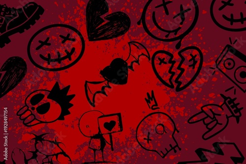 Grunge Emo Background with Skulls and Bat Heart, Red Goth Background with Punk Doodles, Dark Alternative Y2K Aesthetic Texture, Rock Music