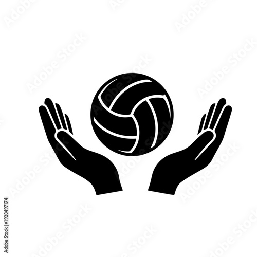 Minimalist black and white vector graphic illustration depicting two open hands gently cradling an American football design element