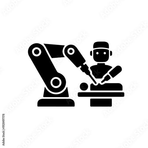 Black and white vector illustration depicting a robotic arm assisting a surgeon during a complex medical operation on a patient