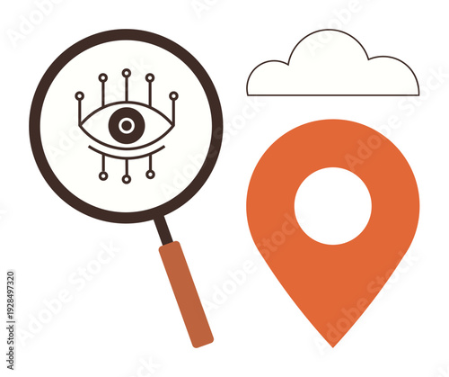 Data privacy, geolocation, cybersecurity, technology, cloud storage, digital security. Magnifying glass with an eye icon, orange location pin and a cloud symbol. Data privacy and geolocation