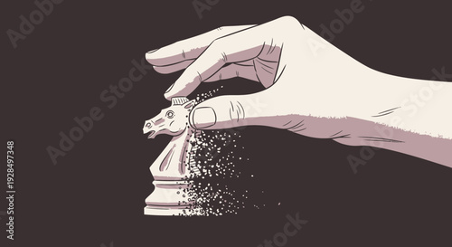 hand holding chess knight dissolving into particles, concept art