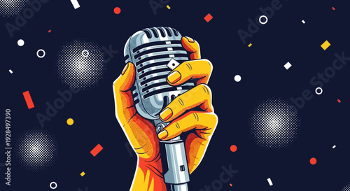 hand holding microphone, music performance illustration