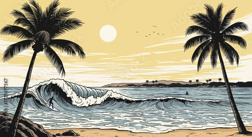 Surfer riding wave at tropical beach with palm trees and sunset