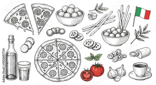 Italian food sketch, pizza, pasta, tomatoes, olives, garlic, and flag
