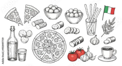 Italian food sketch, pizza, tomatoes, garlic, flag, hand drawn
