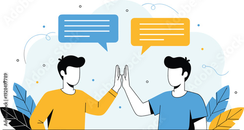 Business communication concept with two people high five and speech bubbles flat vector illustration
