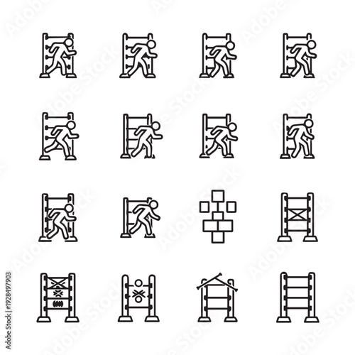 Obstacle Course Icons Set: Human Figure Navigating Hurdles and Agility Challenges