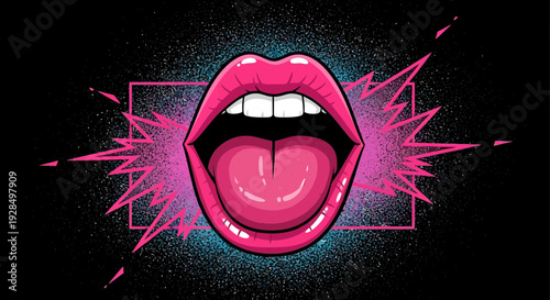 vibrant lips open, pink mouth, pop art, black background, expression