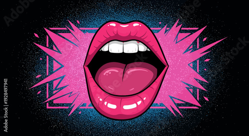vibrant open mouth illustration, pink lips, pop art style, black background