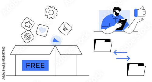 Digital economy, content sharing, file management, online services, resource accessibility, business solutions. Box labeled free with icons, person managing files. Digital economy and content sharing