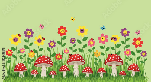 whimsical garden scene: flowers, mushrooms, butterflies, green background