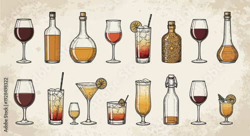 Vintage cocktail and alcohol drinks collection illustration