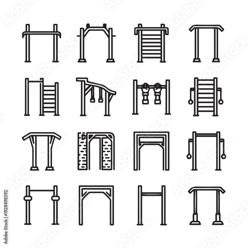 Outdoor Fitness Equipment Icons Set Street Workout Gym Line Art Public Park Exercise Stations
