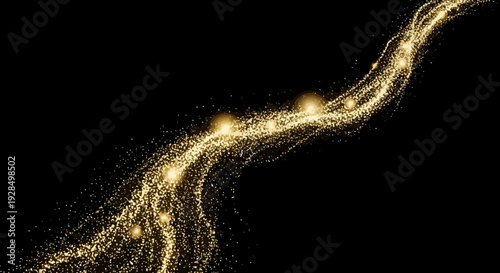 golden glitter trail against black background, abstract sparkle