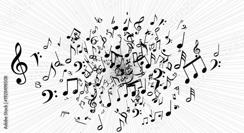 musical notes explosion, music symbols, sound waves, white background
