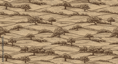 rolling hills landscape illustration, trees and fields background