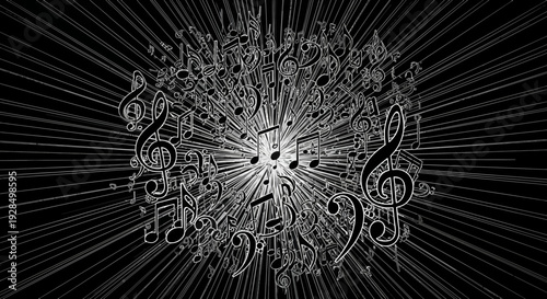 Musical notes explosion on black background, abstract art