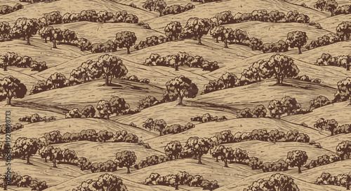 vintage landscape illustration, rolling hills with trees, countryside scene