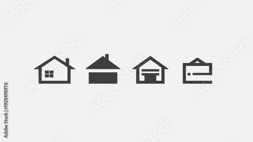 Four simplistic house icons arranged on a neutral grey background. The icons use simple geometric shapes
