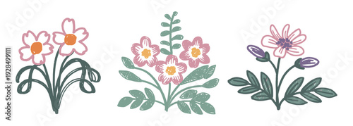 Three Hand- Drawn Floral Bouquets in Pastel Colors