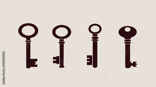Illustration featuring four stylized antique keys of varying shapes and designs