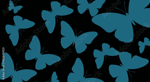 Blue butterflies on black background, pattern, nature, design