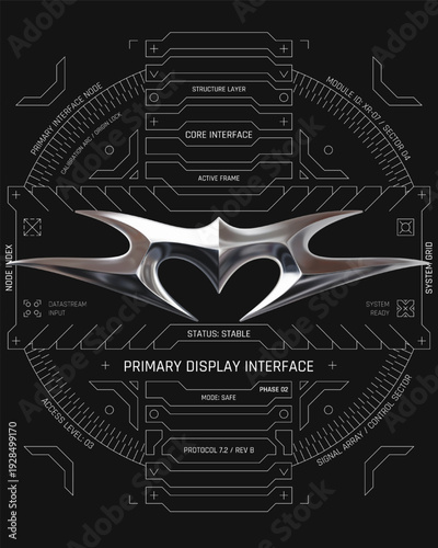 Futuristic HUD interface poster with chrome emblem