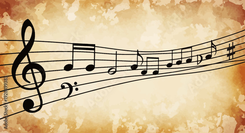 musical notes on staff, music score background