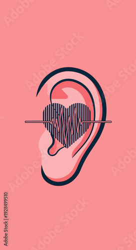 Abstract Illustration Depicting Sound's Impact, Merging Ear Anatomy with Heartbeat Imagery