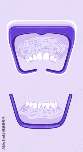 Abstract Illustration Depicting Upper and Lower Dentures Against a Soft Lilac Backdrop