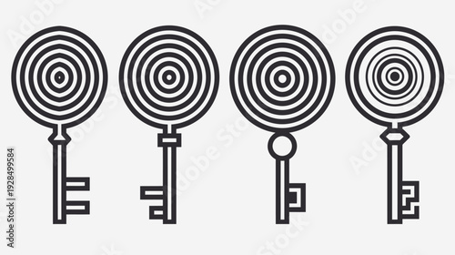Four stylized keys with circular tops, each having different designs and handle shapes