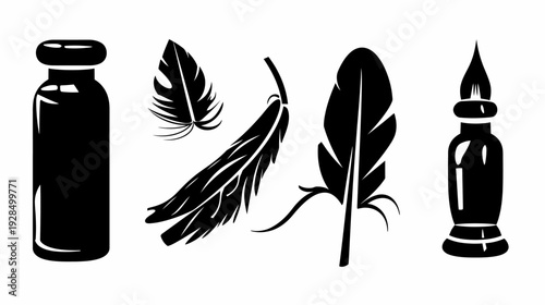 Black and white illustration featuring bottle silhouettes and stylized feather forms