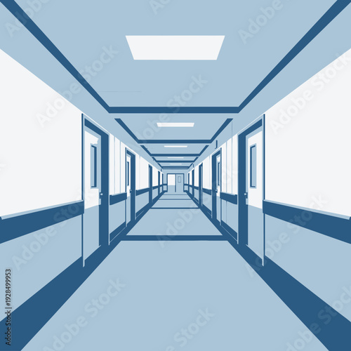 Abstract Perspective of a Sterile Corridor with Doors and Architectural Design Elements
