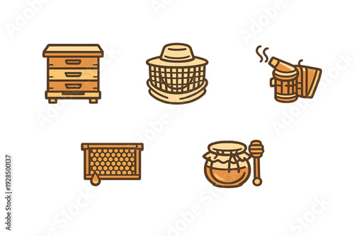 This set of five beekeeping illustrations features a wooden beehive, a protective veil hat, a smoker tool, a honeycomb frame, and a glass jar of honey with a dipper.