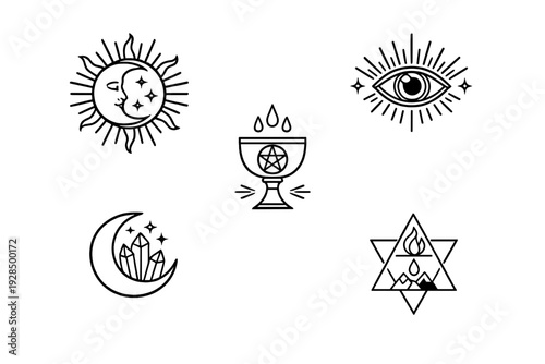 A collection of five mystical and esoteric symbols featuring a sun and moon, an all-seeing eye, a chalice with a pentagram, a crescent moon with crystals, and a hexagram with elements.