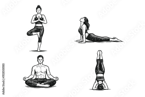 A black and white hand-drawn illustration featuring four people performing various yoga poses, including tree pose, cobra pose, lotus pose, and a headstand, against a solid black background.