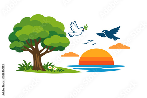 A flat vector illustration featuring a large green tree, a white dove with an olive branch, and a blue bird flying over a sunset reflecting on water against a black background.