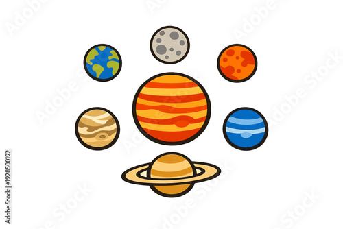 Stylized flat vector illustration featuring various planets like Earth, Mars, and Saturn surrounding a large central Jupiter, all set against a solid black background.