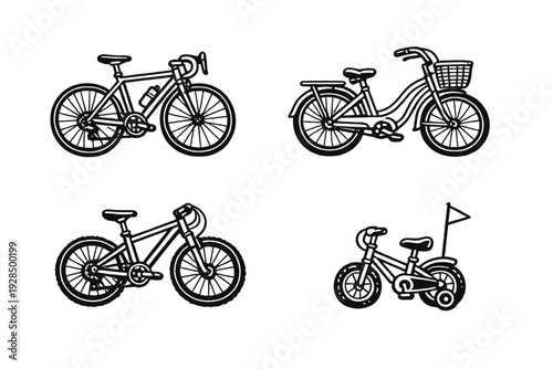 A collection of four white bicycle icons on a black background, featuring a road bike, a city bike with a basket, a mountain bike, and a child's bicycle with training wheels.