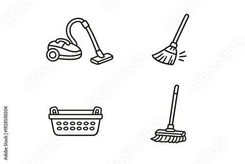 A collection of four minimalist line art icons representing common household cleaning tools, including a vacuum cleaner, a broom, a laundry basket, and a mop on a black background.
